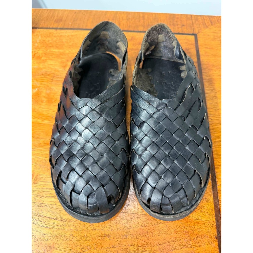 Brand X Huaraches Black Woven Leather Sandals Mens 7 Mexico Lug Sole Slip On
